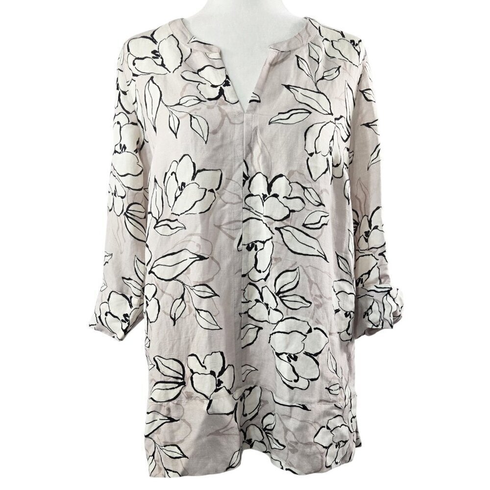 J. Jill NWT Linen Blend Tan Floral Split Neck Tunic Lagenlook Oversized Romantic